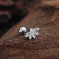 Macro shot of silver stainless steel tragus stud with zircon moon on wooden background - Radial Fan Style (3443) / Silver