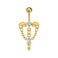Detalle de piercing de ombligo dorado con alas de murciélago y colgante de cadena - Estilo Alas de Murciélago Corazón (3414 Dorado)