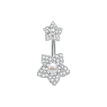 Dettaglio piercing ombelico a doppio fiore con perle centrali e pavé di zirconi cubici - Stile Decorativo a Doppia Corolla e Perla (3466) / Colore acciaio