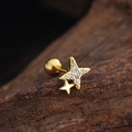 Macro shot of double star gold stud earrings with cubic zirconia and screw ball back - Double Star Style (3444) / Gold