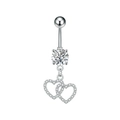 Detail of silver stainless steel belly ring featuring a large zircon and micro-set double heart pendant - Steel Color (3330)