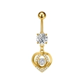 Detalle de un piercing de ombligo de corazón dorado con circonitas brillantes de lujo - Estilo Corazón Móvil Oro (3425)