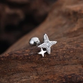 Macro shot of double star earring stud with zircon inlay and screw ball back closure - Double Star Style (3444) / Silver