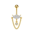 Detalle de un piercing para ombligo dorado con circonitas marquise y cadena colgante - Estilo Corona con Borla (3415 Dorado)