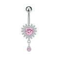 Detalle del piercing de ombligo de circón rosa en forma de corazón con colgante - Estilo Corazón Gema Rosa (3473 Color Acero)