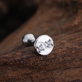 Detailed view of silver Yin Yang stud earring with cubic zirconia on a natural wood surface - Yin Yang Disc Style (3445) / Silver