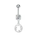 Detailed view of silver heart-shaped navel ring with cubic zirconia stars and moon decor - Steel Color (3331)