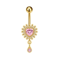 Piercing de ombligo dorado con circonita de corazón rosa y colgante de cristal brillante - Estilo Corazón Gema Rosa (3473 Dorado)