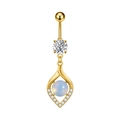 Macro detail of golden belly button ring featuring a teardrop opal and crystal pavé pendant - Gold Water Drop Opal Style (3426)