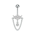 Detalle de piercing de ombligo corona con circón de corazón y borla de cadena en forma V - Estilo Corona con Borla (3415 Color Acero)