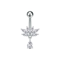 Detalle de piercing de ombligo plateado con loto de circón y colgante de gota de cristal - Estilo Loto con Gota (3416 Color Acero)