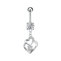 Detalle de un piercing para el ombligo de plata con colgantes de doble corazón y circonitas - Estilo Corazones Entrelazados (3474 Color Acero)