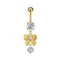 Detail of a golden belly button ring with a polished bow design and sparkling zircon stones - Gold Bow Style (3427)