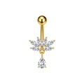 Vista detallada del piercing de ombligo dorado con circonitas de talla marquesa y pera - Estilo Loto con Gota (3416 Dorado)
