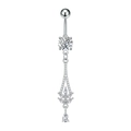 Dettaglio del piercing all'ombelico in acciaio inossidabile con pendente in zircone - Stile Goccia Grappolo di Fiori (3409) / Argento