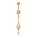Dettaglio del piercing all'ombelico dorato con fiori in zircone e pendente a goccia - Stile Goccia Grappolo di Fiori (3409) / Oro