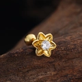 Macro view of gold flower cartilage stud featuring cubic zirconia and ball screw back - Five-Petal Flower Style (3448) / Gold