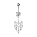 Detalle de piercing de ombligo plateado con corazón hueco y borlas de circón marquise - Estilo Borla Corazón Lujo (3475 Color Acero)