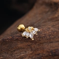 Macro detail of gold helix stud featuring marquise-cut zircons and ball-back closure - Radial Fan Style (3453) / Gold