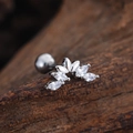 Macro shot of stainless steel cartilage stud with five marquise-cut zircon stones on wood - Curved Fan Style (3455) / Silver