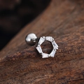 Macro detail of hexagonal stainless steel ear stud with baguette-cut cubic zirconia - Hexagonal Ring Style (3456) / Silver
