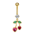 Golden belly piercing with cherry pendant featuring pink and red heart-shaped crystals - Cherry Style (3082 Gold)