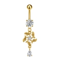 Gold stainless steel belly ring featuring a floral swirl and a pear-cut crystal pendant - Flower Petal Tassel (3083 Gold)