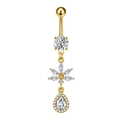 Piercing ombelico in acciaio dorato con fiore e ciondolo a goccia in zircone - Fiore a Goccia d'Acqua (3087 Oro)