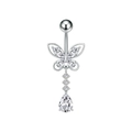 Piercing ombelico in acciaio con farfalla in zircone e pendente a forma di pera - Stile Goccia Farfalla (3407) / Argento