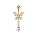 Piercing ombelico dorato con farfalla di cristallo e ciondolo di zircone a goccia - Stile Goccia Farfalla (3407) / Oro
