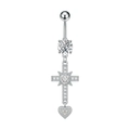 Piercing ombelico in acciaio argento con croce di zirconi e pendente a cuore raffinato - Stile Croce Cuore (3408) / Argento