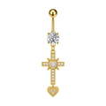 Piercing ombelico dorato in acciaio inossidabile con croce e pietre zircone a cuore - Stile Croce Cuore (3408) / Oro