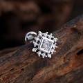 Silver square zircon stud earring with screw back closure on dark textured wood - Square Zirconia Vintage Sunflower Style (3358) / Silver