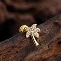 Golden palm tree stud earring with clear zircons on a natural dark wood surface - Coconut Tree Shape (3359) / Gold