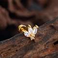 Gold plated flat back earring featuring marquise zircon flowers on dark wood - Petal Style (3375) / Gold