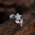 Silver flower stud earrings with zircon inlay for cartilage on dark wood - Floral Leaf Style (3376) / Silver