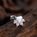 Polished silver paw stud earring with micro-set zircon heart and screw flat back - Paw Print Style (3377) / Silver