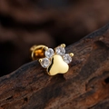 Golden animal paw print ear stud with heart-shaped pad and sparkling cubic zirconia - Paw Print Style (3377) / Gold