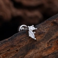 Minimalist silver piercing stud with two marquise-cut zircons on a rustic wood base - Double Marquise Style (3385) / Silver