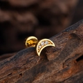 Gold crescent moon stud earring with micro-set zircons on natural wood background - Crescent Style (3386) / Gold
