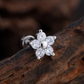 Silver flower stud earring with micro-p镶嵌 zircon on natural wood background - Five-petal Flower Style (3387) / Silver