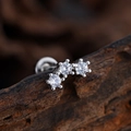 Silver micro-pave zirconia ear cartilage stud with triple round stones and labret back - Three-stone Arc Style (3388) / Silver