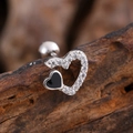 Double heart stud earrings with black enamel and cubic zirconia in silver finish - Black and White Double Heart Style (3136) / Silver