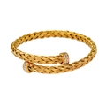 Detailed view of golden woven texture bangle with sparkling zircon pavé square ends - Bangle / Gold (CK1119)