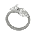 Detailed macro view of dual dragon head design on silver woven mesh cuff bracelet - Silver Dragon Head