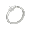 Detail view of silver stainless steel wolf head bracelet with textured ribbed metal band - Steel Color Leopard Head (CK568)