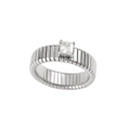 Macro view of silver square cut zircon ring with distinctive textured vertical grooved band - Size 6 / Steel