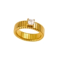 Luxury 18K gold plated zircon ring featuring a unique vertical ribbed tubogas style design - Size 6 / Gold