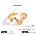 Detail of wavy gold stainless steel ring with rhinestones and size specifications - Wave Pattern Style (DKR25-116GL)