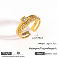 Adjustable golden double layer stainless steel ring with round and pavé diamonds - Double Layer Rhinestone Style (DKR25-113GL)